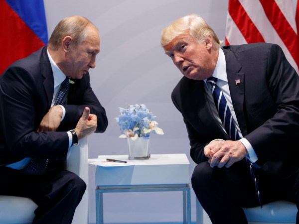 President Donald Trump speaks during a meeting with Russian President Vladimir Putin at the G20 Summit at the G20 Summit, Friday, July 7, 2017, in Hamburg. (AP Photo/Evan Vucci)