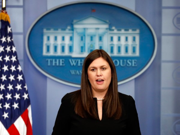 Sarah Huckabee Sanders, deputy press secretary, speaks during a off-camera press briefing at the White House, Monday, July 10, 2017, in Washington. (AP Photo/Alex Brandon)