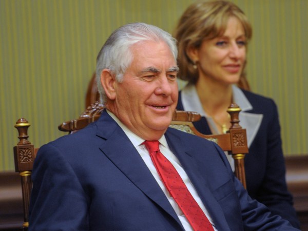 The U.S. Secretary of State Rex Tillerson, talks with Sheikh Sabah Khalid Al Hamad Al Sabah, First Deputy Prime Minister and Minister for Foreign Affairs of Kuwait, not in the picture, after he arrived in Kuwait, Monday, July 10, 2017. (AP photo/ Jaber Abdulkhaleg)