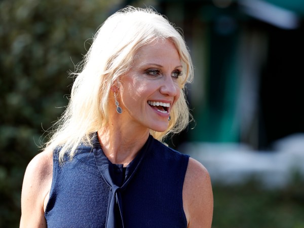 Counselor to the President Kellyanne Conway speaks with a reporter at the White House, Monday, July 10, 2017, in Washington. (AP Photo/Alex Brandon)