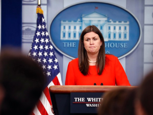 Deputy White House press secretary Sarah Huckabee Sanders pauses while speaking during an off-camera press briefing at the White House, Tuesday, July 11, 2017, in Washington. (AP Photo/Alex Brandon)