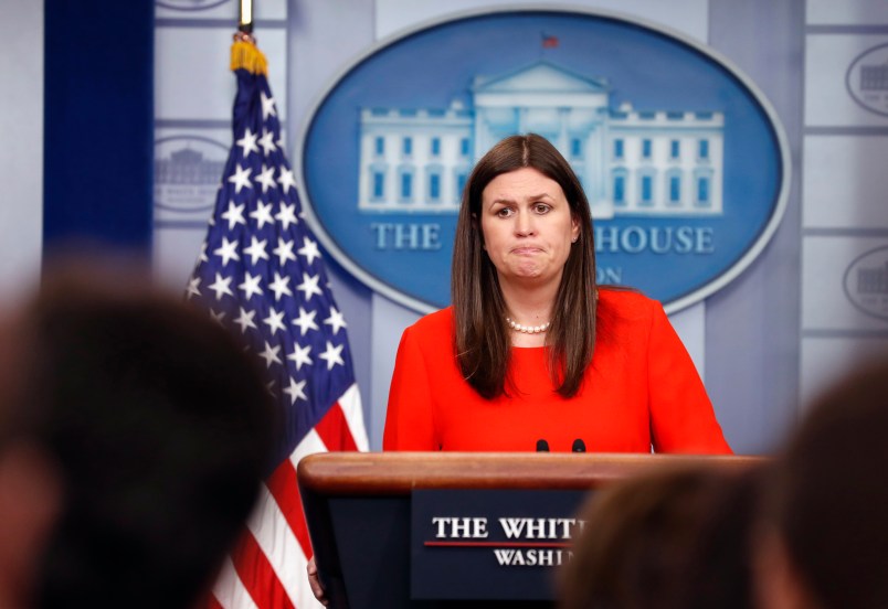 Deputy White House press secretary Sarah Huckabee Sanders pauses while speaking during an off-camera press briefing at the White House, Tuesday, July 11, 2017, in Washington. (AP Photo/Alex Brandon)