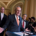 Senate Minority Leader Chuck Schumer, D-N.Y., flanked by Sen. Bob Casey, D-Pa., left, and Sen. Al Franken, D-Minn., criticizes the Republican health care bill during a news conference on Capitol Hill in Washington, Tuesday, July 11, 2017. Senate Majority Leader Mitch McConnell, R-Ky., said he will unveil their revised health care bill Thursday and begin voting on it next week.  (AP Photo/J. Scott Applewhite)