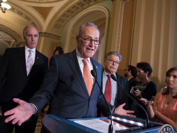 Senate Minority Leader Chuck Schumer, D-N.Y., flanked by Sen. Bob Casey, D-Pa., left, and Sen. Al Franken, D-Minn., criticizes the Republican health care bill during a news conference on Capitol Hill in Washington, Tuesday, July 11, 2017. Senate Majority Leader Mitch McConnell, R-Ky., said he will unveil their revised health care bill Thursday and begin voting on it next week.  (AP Photo/J. Scott Applewhite)