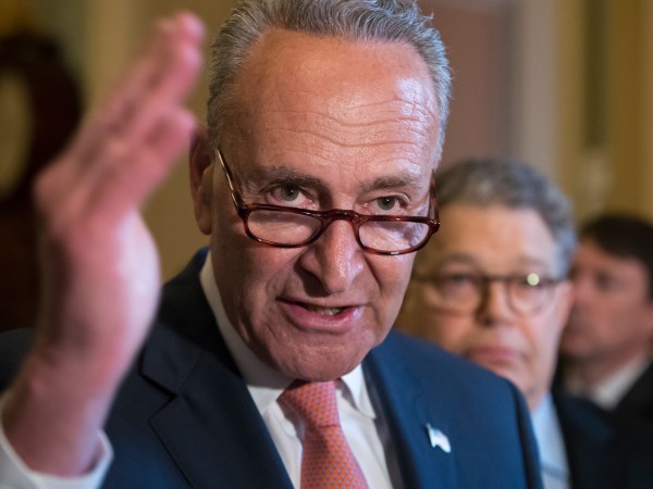 Senate Minority Leader Chuck Schumer, D-N.Y., joined at right by Sen. Al Franken, D-Minn., criticizes the Republican health care bill during a news conference on Capitol Hill in Washington, Tuesday, July 11, 2017. Senate Majority Leader Mitch McConnell, R-Ky., said he will unveil their revised health care bill Thursday and begin voting on it next week.  (AP Photo/J. Scott Applewhite)