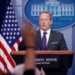 White House press secretary Sean Spicer points to members of the media as he answers questions in the Brady Briefing room of the White House in Washington, Monday, July 17, 2017, in Washington. (AP Photo/Pablo Martinez Monsivais)