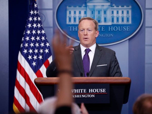 White House press secretary Sean Spicer points to members of the media as he answers questions in the Brady Briefing room of the White House in Washington, Monday, July 17, 2017, in Washington. (AP Photo/Pablo Martinez Monsivais)