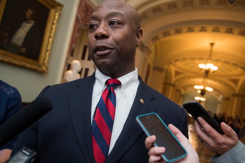 UNITED STATES - JULY 18: Sen. Tim Scott, R-S.C., talks with reporters before the Senate Policy Luncheons in the Capitol on July 18, 2017. (Photo By Tom Williams/CQ Roll Call)