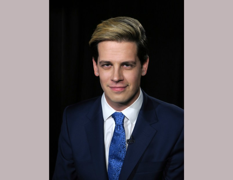 Media personality and author Milo Yiannopoulos appears during an interview in New York on Tuesday, July 18, 2017. (AP Photo/John Carucci)