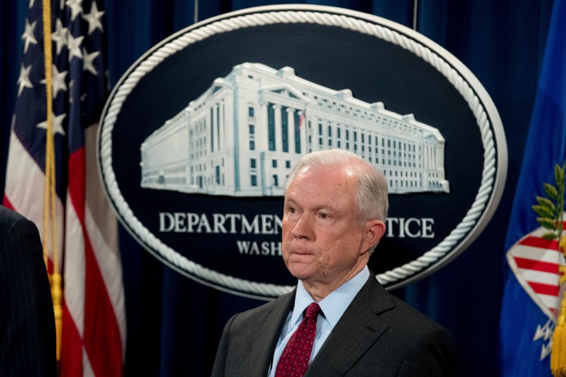 Attorney General Jeff Sessions attends a news conference to announce an international cybercrime enforcement action at the Department of Justice, Thursday, July 20, 2017, in Washington. (AP Photo/Andrew Harnik)