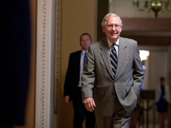 Senate Majority Leader Mitch McConnell of Ky. walks into the Senate Chamber at the Capitol Building, Thursday, July 20, 2017, in Washington. (AP Photo/Andrew Harnik)