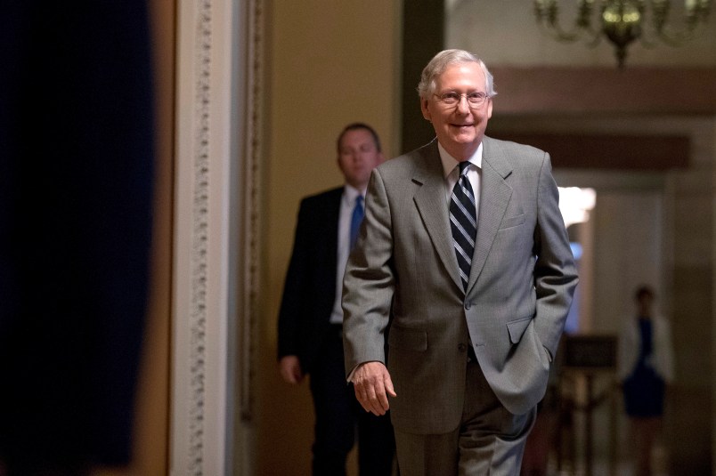Senate Majority Leader Mitch McConnell of Ky. walks into the Senate Chamber at the Capitol Building, Thursday, July 20, 2017, in Washington. (AP Photo/Andrew Harnik)