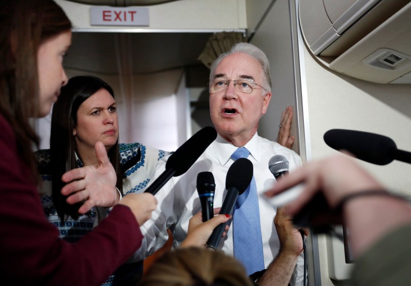 Secretary of Health and Human Services Tom Price, joined by White House press secretary Sarah Huckabee Sanders, speaks to media aboard Air Force One, Monday, July 24, 2017, in Andrews Air Force Base, Md., en route to the 2017 National Scout Jamboree in Glen Jean, W.Va. (AP Photo/Carolyn Kaster)