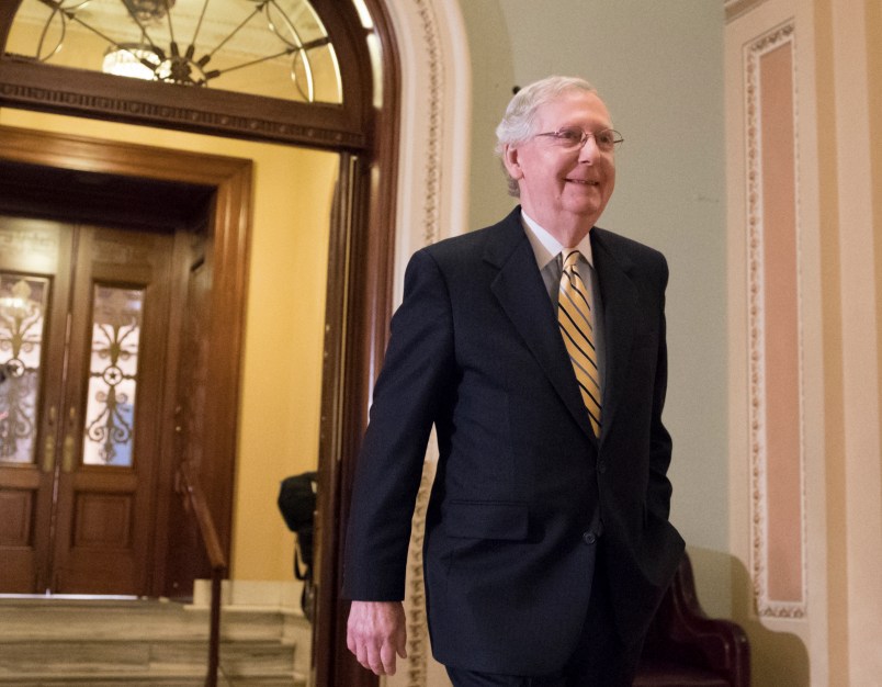 Senate Majority Leader Mitch McConnell, R-Ky., walks from the chamber as he steers the Senate toward a crucial vote on the Republican health care bill, in Washington, Tuesday, July 25, 2017.  (AP Photo/J. Scott Applewhite)