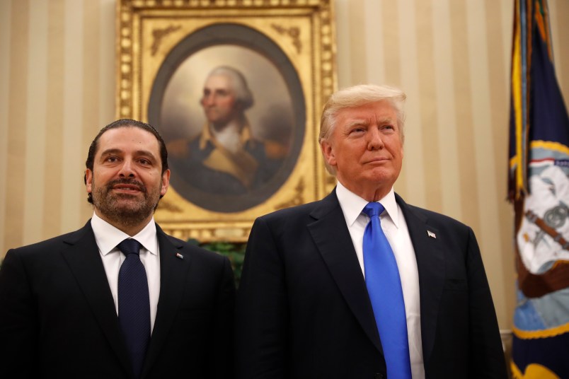 President Donald Trump meets with Lebanese Prime Minister Saad Hariri in the Oval Office of the White House in Washington, Tuesday, 25, 2017. (AP Photo/Pablo Martinez Monsivais)