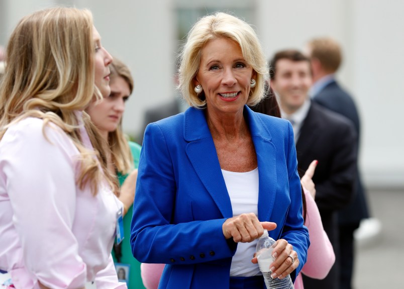 Education Secretary Betsy DeVos is seen between interviews at the White House, Tuesday, July 25, 2017, in Washington. (AP Photo/Alex Brandon)