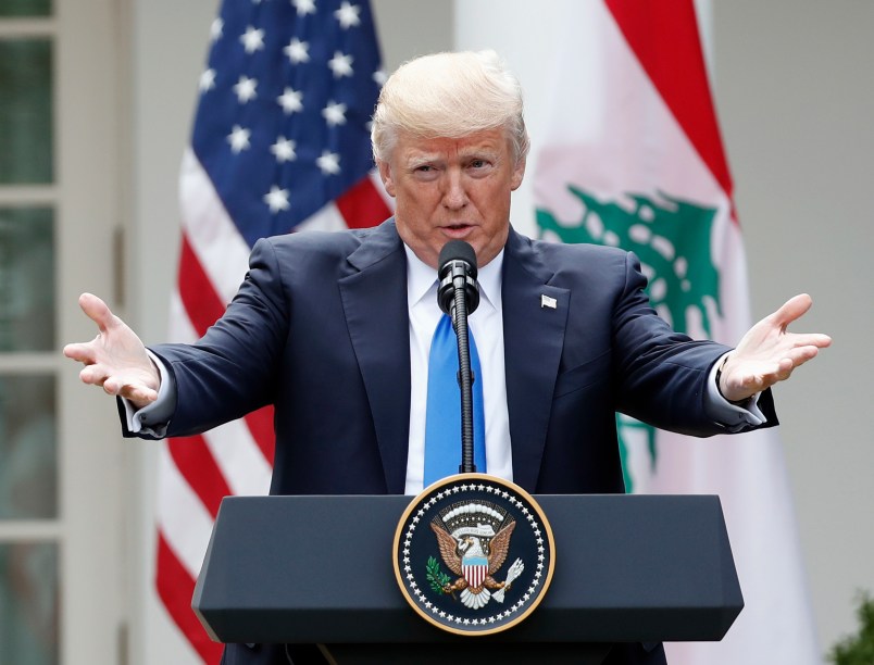 President Donald Trump speaks during a joint news conference with Lebanese Prime Minister Saad Hariri in the Rose Garden of the White House, Tuesday, July 25, 2017, in Washington. (AP Photo/Alex Brandon)