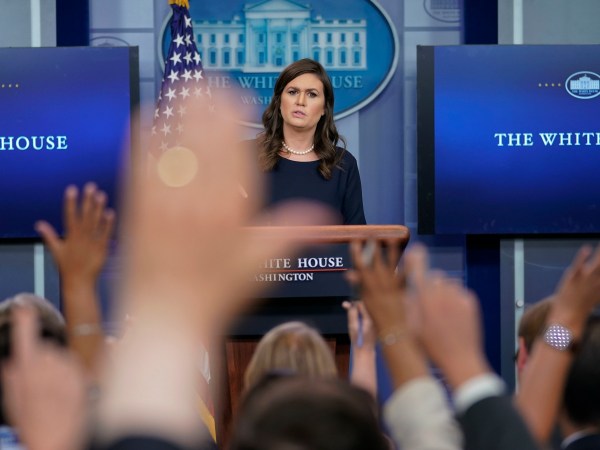 Reporters raises their hands as White House press secretary Sarah Huckabee Sanders answers question during the press briefing in the Brady Press Briefing room of the White House in Washington, Wednesday, July 26, 2017. (AP Photo/Pablo Martinez Monsivais)