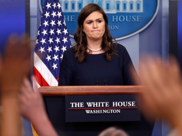White House press secretary Sarah Huckabee Sanders pauses as she prepares to answer questions during the press briefing in the Brady Press Briefing room of the White House in Washington, Wednesday, July 26, 2017. (AP Photo/Pablo Martinez Monsivais)