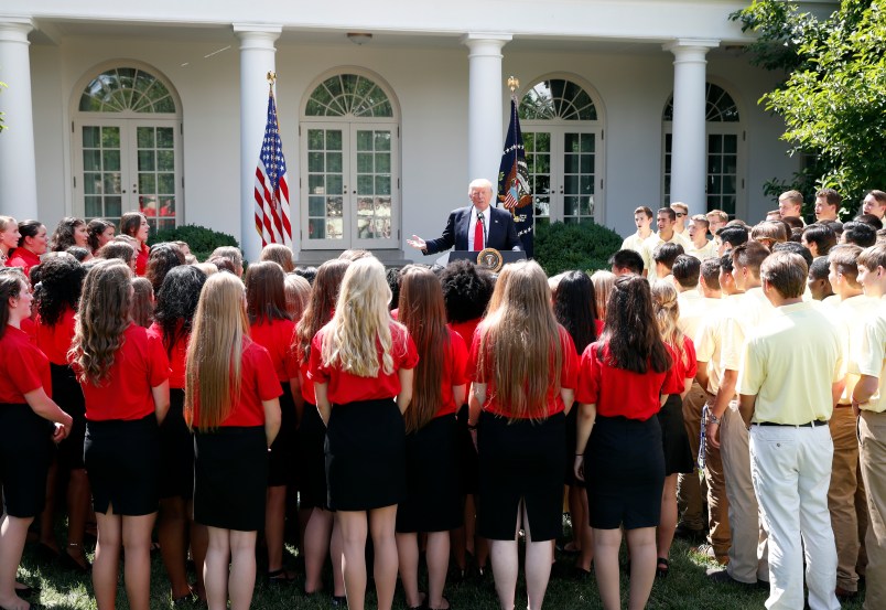 President Donald Trump speaks during an event with the American Legion Boys Nation and the American Legion Auxiliary Girls Nation, in the Rose Garden of the White House, Wednesday, July 26, 2017, in Washington. (AP Photo/Alex Brandon)