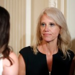 Counselor to the President Kellyanne Conway stands before President Donald Trump speaks in the East Room of the White House, Wednesday, July 26, 2017, in Washington. Trump is announcing the first U.S. assembly plant for electronics giant Foxconn in a project that's expected to result in billions of dollars in investment in the state and create thousands of jobs. (AP Photo/Alex Brandon)