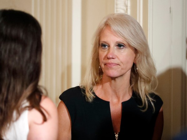 Counselor to the President Kellyanne Conway stands before President Donald Trump speaks in the East Room of the White House, Wednesday, July 26, 2017, in Washington. Trump is announcing the first U.S. assembly plant for electronics giant Foxconn in a project that's expected to result in billions of dollars in investment in the state and create thousands of jobs. (AP Photo/Alex Brandon)