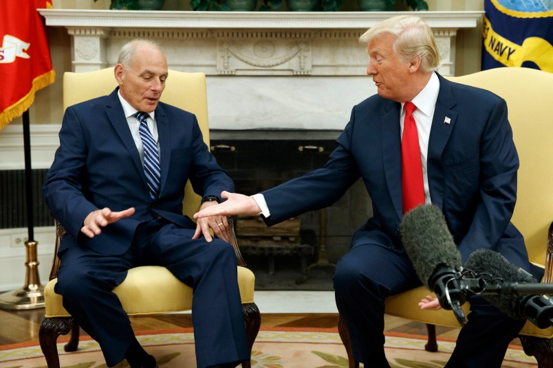 President Donald Trump meets with new White House Chief of Staff John Kelly after he was sworn in during a ceremony in the Oval Office with President Donald Trump, Monday, July 31, 2017, in Washington. (AP Photo/Evan Vucci)