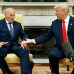 President Donald Trump meets with new White House Chief of Staff John Kelly after he was sworn in during a ceremony in the Oval Office with President Donald Trump, Monday, July 31, 2017, in Washington. (AP Photo/Evan Vucci)