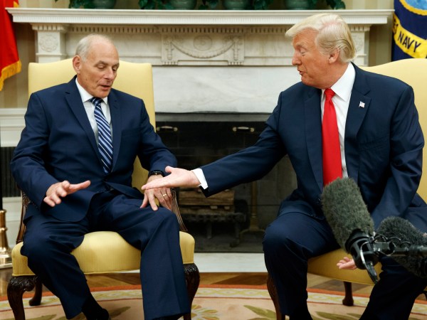 President Donald Trump meets with new White House Chief of Staff John Kelly after he was sworn in during a ceremony in the Oval Office with President Donald Trump, Monday, July 31, 2017, in Washington. (AP Photo/Evan Vucci)