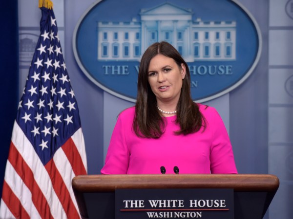 White House press secretary Sarah Huckabee Sanders arrives to speak at the daily briefing at the White House in Washington, Monday, July 31, 2017. (AP Photo/Susan Walsh)