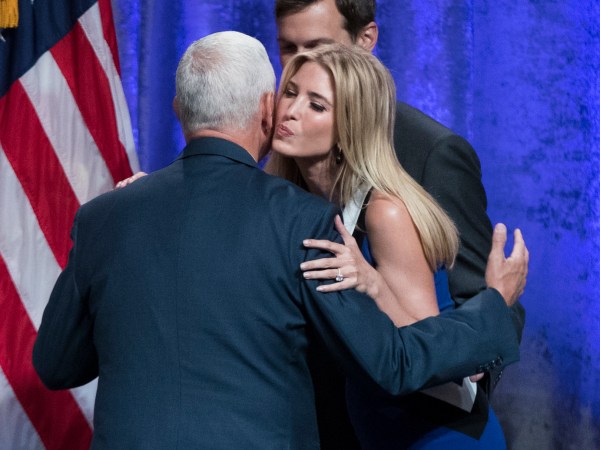 Ivanka Trump, right, hugs Gov. Mike Pence, R-Ind., after her father Republican presidential candidate Donald Trump announced Pence as the vice presidential running mate on, Saturday, July 16, 2016, in New York. (AP Photo/Evan Vucci)