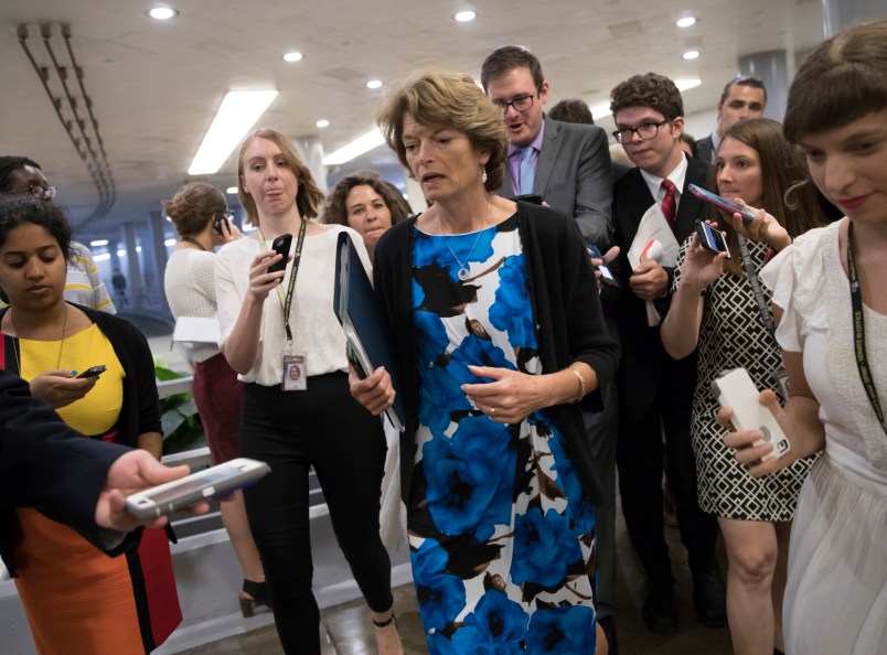 Sen. Lisa Murkowski, R-Alaska, heads to the chamber for a vote, on Capitol Hill in Washington, Thursday, July 20, 2017. Majority Leader Mitch McConnell is spurring Republican senators to resolve internal disputes that have pushed their marquee health care bill to the brink of oblivion, a situation made more difficult for the GOP because of Sen. John McCain's jarring diagnosis of brain cancer. (AP Photo/J. Scott Applewhite)