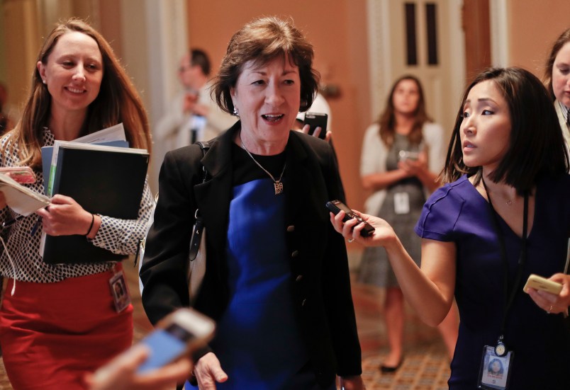 Sen. Susan Collins, R-Maine walks the hallways on Capitol Hill in Washington Thursday, July 13, 2017. Senate Majority Leader Mitch McConnell of Ky., rolls out the GOP's revised health care bill, pushing toward a showdown vote next week with opposition within the Republican ranks. (AP Photo/Pablo Martinez Monsivais)