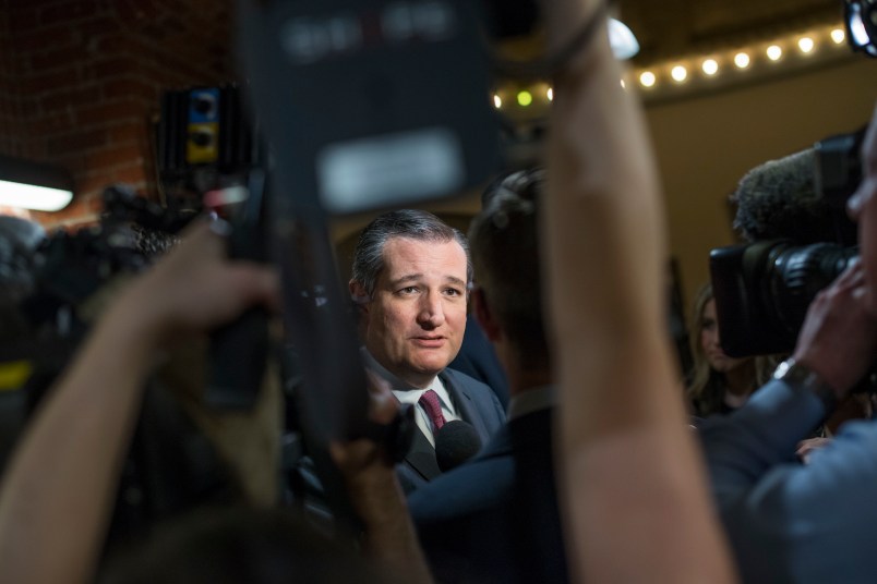 UNITED STATES - JUNE 27: Sen. Ted Cruz, R-Texas, talks with the media after the Senate Policy luncheon in the Capitol on June 27, 2017. Senate Majority Leader Mitch McConnell, R-Ky., told senators there would be no vote on health care this week. (Photo By Tom Williams/CQ Roll Call)