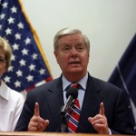 U.S. Senator Lindsey Graham right, speaks during a press conference at Resolute Support headquarters in Kabul, Afghanistan, Tuesday, July 4, 2017, (AP Photo/Rahmat Gul)