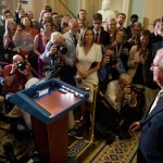 Senate Majority Leader Mitch McConnell of Ky. arrives to speak to reporters outside the Senate Chamber on Capitol Hill in Washington, Tuesday, July 25, 2017. A vote has passed to take up debate on the health care bill. (AP Photo/Andrew Harnik)
