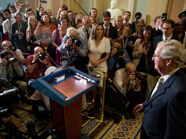 Senate Majority Leader Mitch McConnell of Ky. arrives to speak to reporters outside the Senate Chamber on Capitol Hill in Washington, Tuesday, July 25, 2017. A vote has passed to take up debate on the health care bill. (AP Photo/Andrew Harnik)