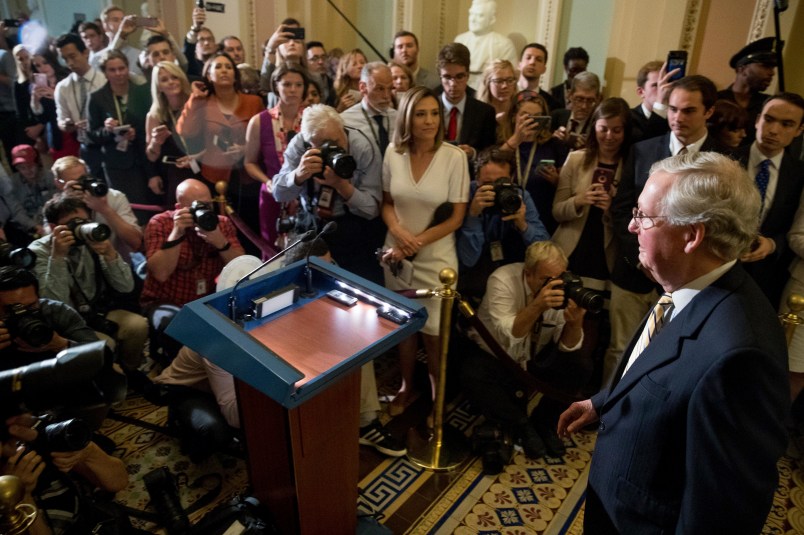 Senate Majority Leader Mitch McConnell of Ky. arrives to speak to reporters outside the Senate Chamber on Capitol Hill in Washington, Tuesday, July 25, 2017. A vote has passed to take up debate on the health care bill. (AP Photo/Andrew Harnik)