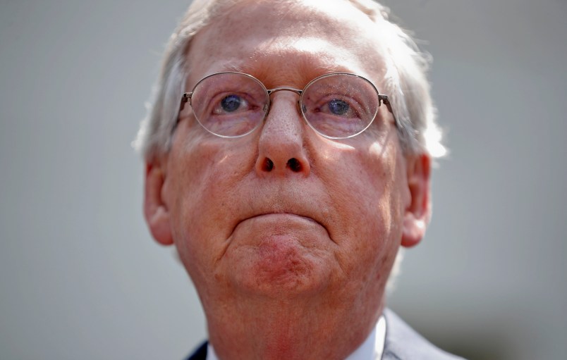 Senate Majority Leader Mitch McConnell of Ky., pause while speaking to members of the media following a luncheon between GOP Senators and President Donald Trump, Wednesday, July 19, 2017 at the White House in Washington. (AP Photo/Pablo Martinez Monsivais)