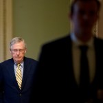 Senate Majority Leader Mitch McConnell of Ky. arrives on Capitol Hill in Washington, Monday, July 17, 2017. The Senate has been forced to put the republican's health care bill on hold for as much as two weeks until Sen. John McCain, R-Ariz., can return from surgery. (AP Photo/Andrew Harnik)