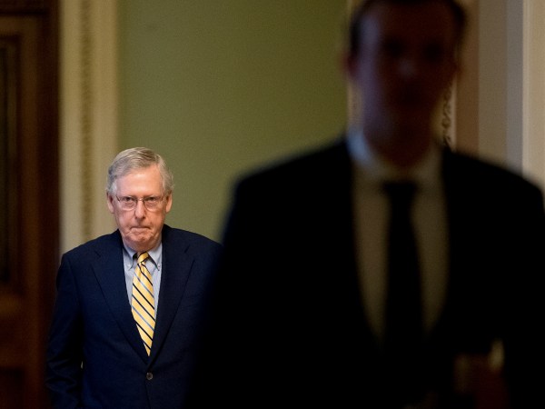 Senate Majority Leader Mitch McConnell of Ky. arrives on Capitol Hill in Washington, Monday, July 17, 2017. The Senate has been forced to put the republican's health care bill on hold for as much as two weeks until Sen. John McCain, R-Ariz., can return from surgery. (AP Photo/Andrew Harnik)