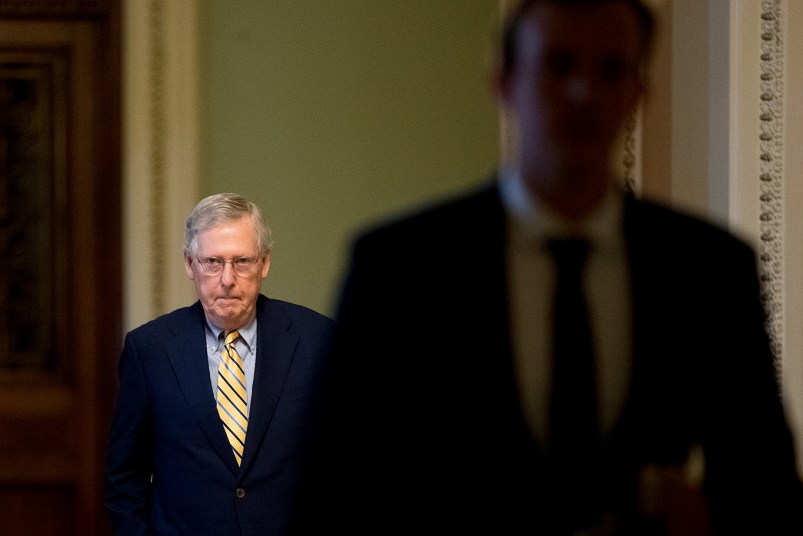 Senate Majority Leader Mitch McConnell of Ky. arrives on Capitol Hill in Washington, Monday, July 17, 2017. The Senate has been forced to put the republican's health care bill on hold for as much as two weeks until Sen. John McCain, R-Ariz., can return from surgery. (AP Photo/Andrew Harnik)