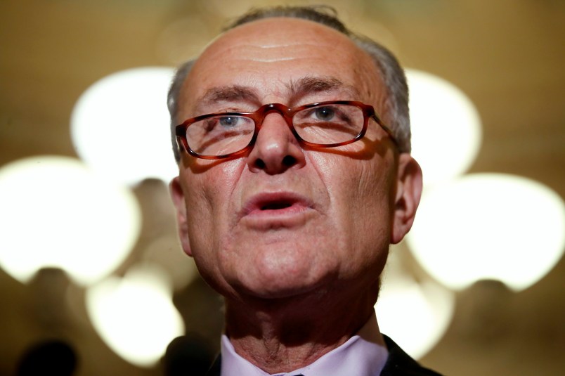 Senate Minority Leader Sen. Charles Schumer of N.Y. talks to reporters on Capitol Hill in Washington, Tuesday, July 25, 2017, after Vice President Mike Pence broke a 50-50 tie to start debating Republican legislation to tear down much of the Obama health care law. (AP Photo/Jacquelyn Martin)