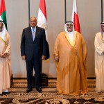 In this Sunday, July 30, 2017 photo released by Bahrain News Agency, from left to right, Foreign Ministers of UAE Abdullah bin Zayed al-Nahyan, Egypt's Sameh Shoukry, Bahrain's Khalid bin Ahmed al-Khalifa and Saudi's Adel al-Jubeir, pose for a photo during their meeting in Manama, Bahrain. Four Arab states that cut ties with Qatar met Sunday to discuss the diplomatic crisis, insisting on compliance with a list of sweeping demands while refraining for now from imposing more punitive measures against the Gulf state. (Bahrain News Agency via AP)