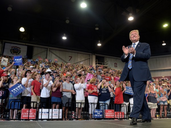 President Donald Trump arrives to speak at a campaign-style rally at Big Sandy Superstore Arena in Huntington, W.Va., Thursday, Aug. 3, 2017. (AP Photo/Susan Walsh)