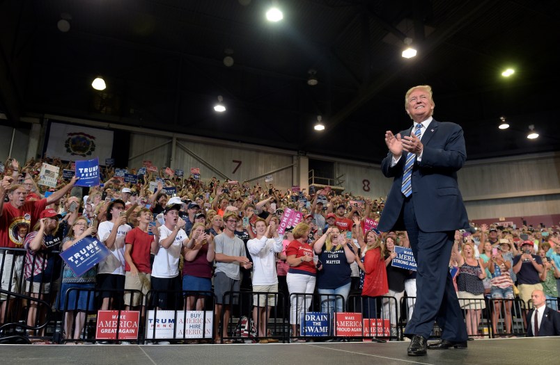 President Donald Trump arrives to speak at a campaign-style rally at Big Sandy Superstore Arena in Huntington, W.Va., Thursday, Aug. 3, 2017. (AP Photo/Susan Walsh)