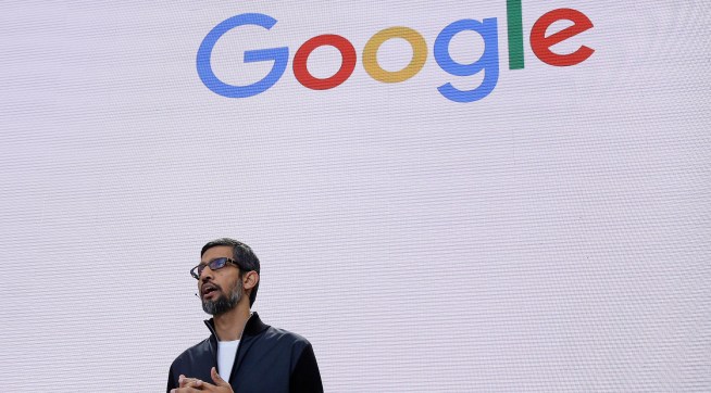 FILE - In this file photo dated Wednesday, May 17, 2017, Google CEO Sundar Pichai delivers the keynote address for the Google I/O conference in Mountain View, Calif. USA.  The Paris administrative court on Wednesday July 12, 2017, in French has annulled a 1.11 billion-euro (US dlrs 1.27 billion) tax adjustment imposed on the Californian firm by France's tax authorities. (AP Photo/Eric Risberg, FILE)