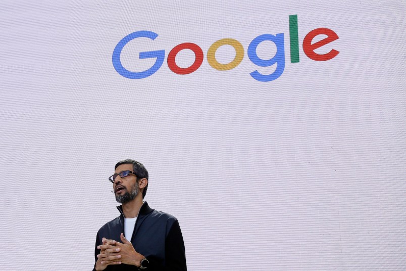 FILE - In this file photo dated Wednesday, May 17, 2017, Google CEO Sundar Pichai delivers the keynote address for the Google I/O conference in Mountain View, Calif. USA.  The Paris administrative court on Wednesday July 12, 2017, in French has annulled a 1.11 billion-euro (US dlrs 1.27 billion) tax adjustment imposed on the Californian firm by France's tax authorities. (AP Photo/Eric Risberg, FILE)