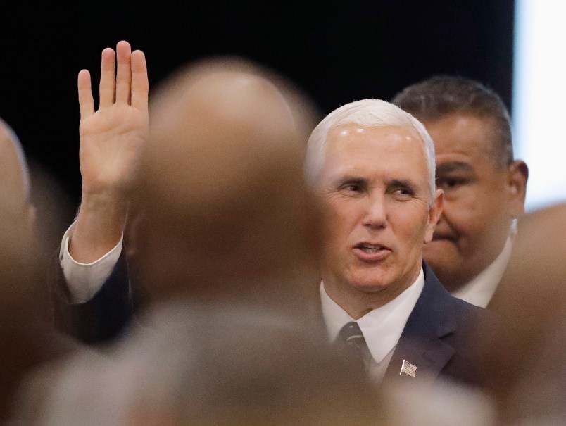 Vice President Mike Pence waves as he arrives for the Indianapolis Ten Point Coalition luncheon Friday, Aug. 11, 2017, in Indianapolis. Pence is the keynote speaker at the luncheon. (AP Photo/Darron Cummings)