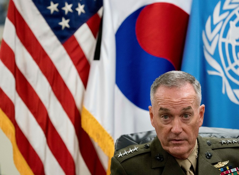 Joint Chiefs Chairman Gen. Joseph Dunford, speaks at a news conference at U.S. Army Garrison Yongsan, Seoul, South Korea, Monday, Aug. 14, 2017. (AP Photo/Andrew Harnik)